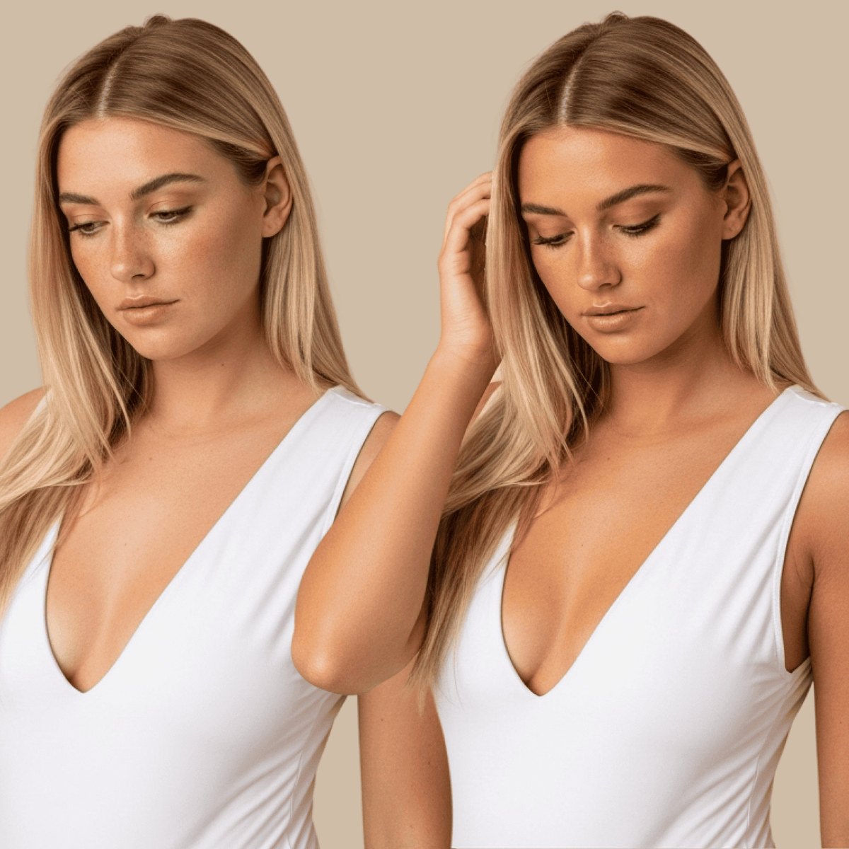 Before and after using Beauty by Earth self tanning mousse and face tanner lotion blonde model in white bikini.