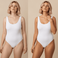 Before and after using Beauty by Earth self tanning mousse and face tanner lotion blonde model in white bikini.