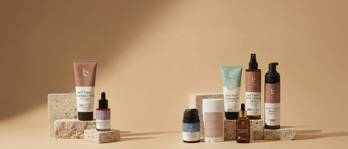 Collection of skincare products on a beige background