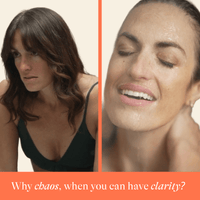 Woman before and after using shower steamers with text 'Why chaos, when you can have clarity?'
