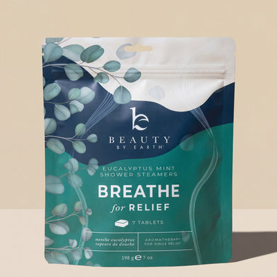 Packaging of Beauty by Earth Eucalyptus Mint Shower Steamers on a beige background