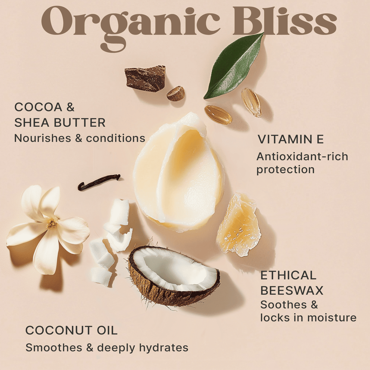 Ingredients of Organic Bliss with coconut, cocoa, shea butter, and vanilla on a beige background.