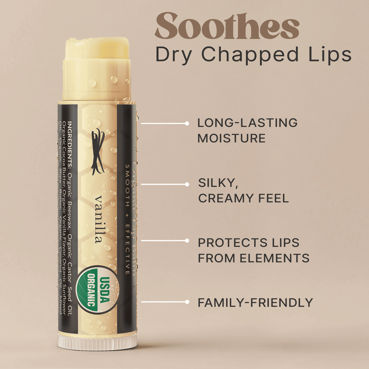 Lip balm with vanilla flavor on a beige background, featuring text about its benefits.