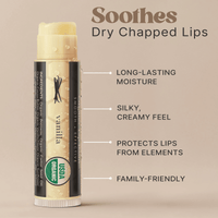Lip balm with vanilla flavor on a beige background, featuring text about its benefits.
