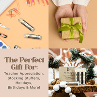 Collage of gift items including a small box with a green ribbon, stationery items, and beauty products with text about gift options.