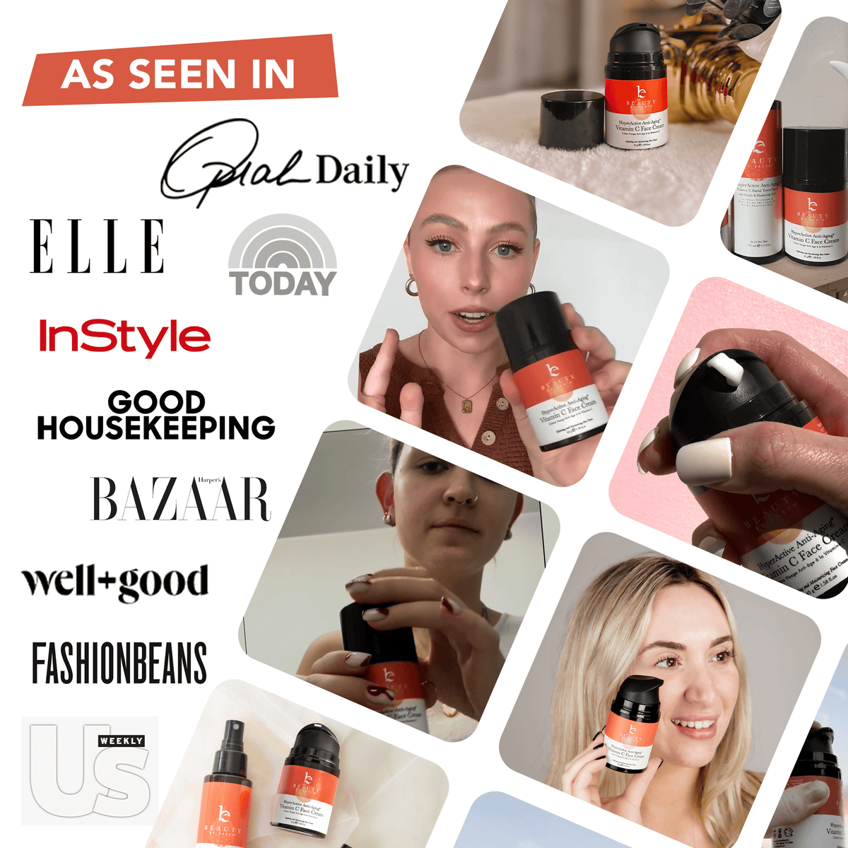 Collage of a product being used with various media outlets' logos displayed.