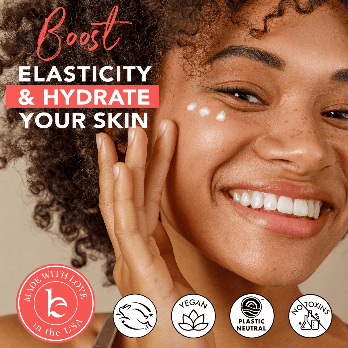 Woman applying skincare product with text 'Boost Elasticity & Hydrate Your Skin' and brand logos.