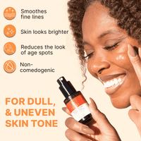 Woman applying skincare product with text highlighting benefits on a beige background