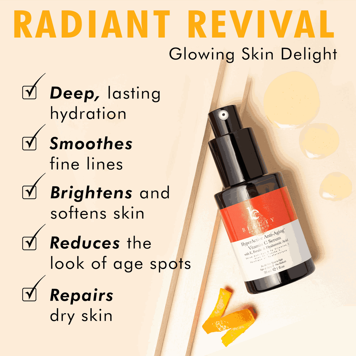 Skincare serum bottle with text highlighting its benefits on a beige background