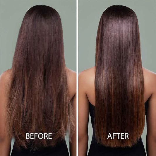 A woman with frizz before and after with no frizz 