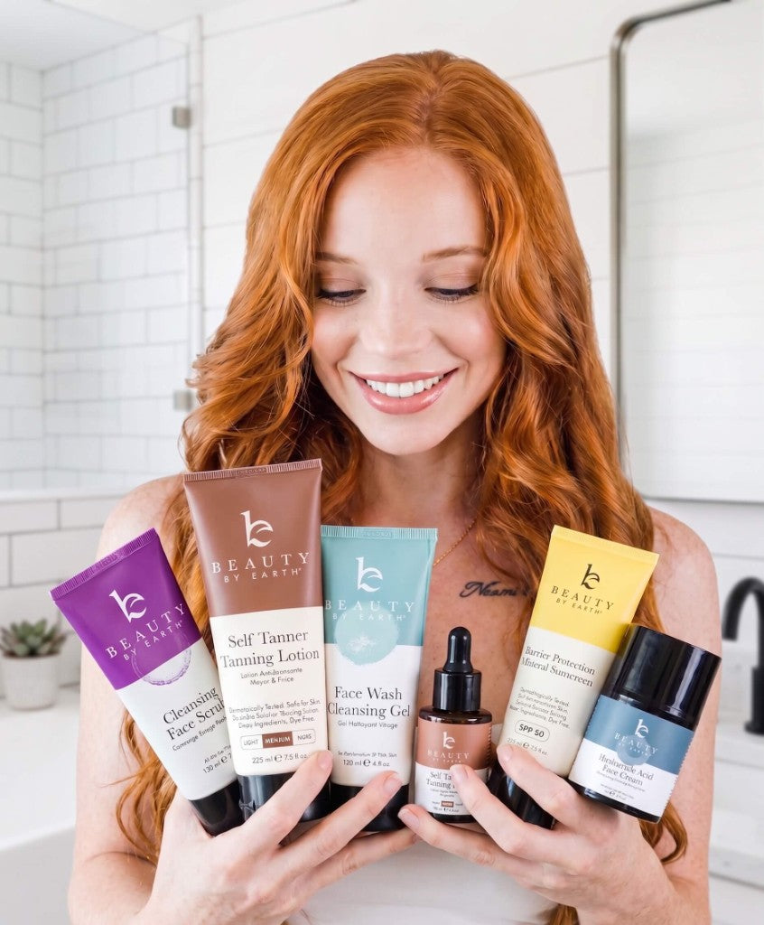 Member holding six Beauty by Earth essentials