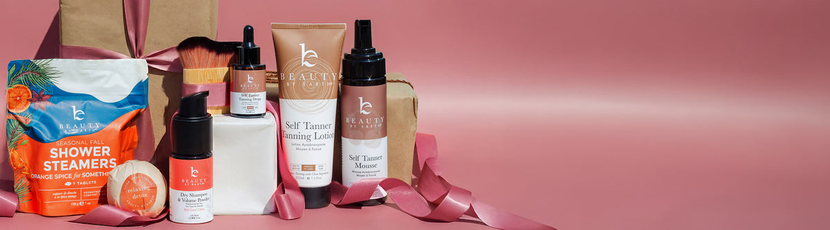 Best Selling Beauty by Earth Products on a Pink Bg